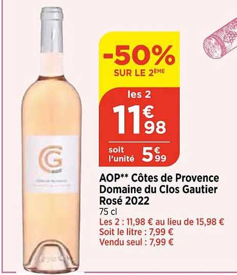 Promo Aop Côtes De Provence Domaine Du Clos Gautier Rosé 2022 Chez