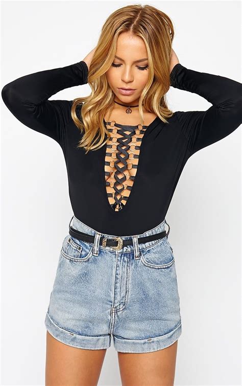 Enya Black Lace Up Front Bodysuit Clothes Design Bodysuit Tops