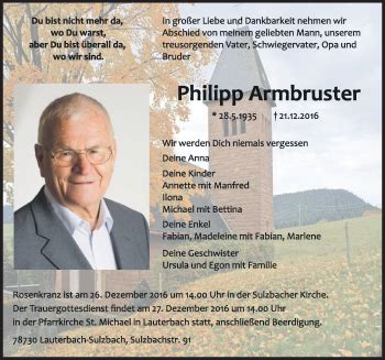 Traueranzeigen von Philipp Armbruster Schwarzwälder Bote Trauer