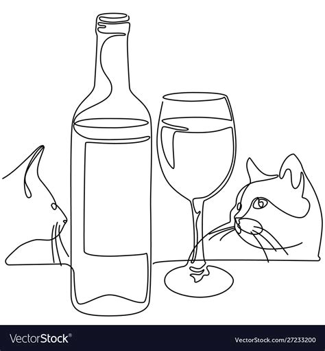 Continuous Line Drawing Bottle And Glass Wine Vector Image