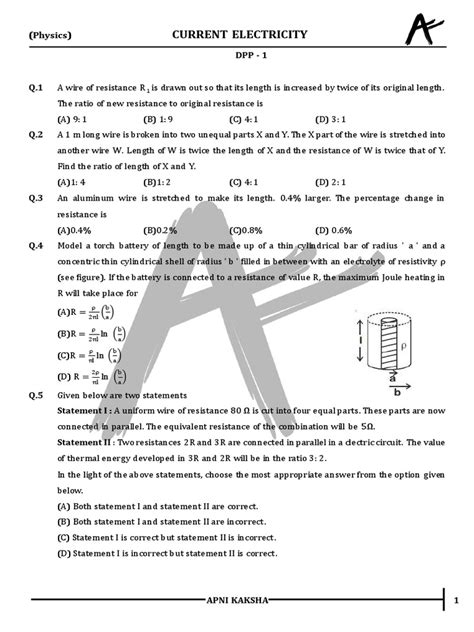 Dpp 01 Current Electricity Pdf Electrical Resistance And Conductance Electrical