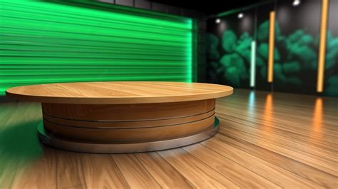 3d Illustration Of A Wooden Table With Green Screen In A News Studio