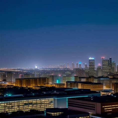 Un Horizonte De La Ciudad En La Noche Con Una Luz Azul En La