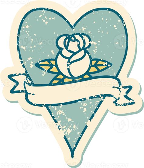 Iconic Distressed Sticker Tattoo Style Image Of A Heart Rose And Banner 45207024 Png