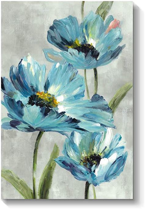 Abstract Flower Canvas Wall Art Blue Floral Artwork Hand Painted