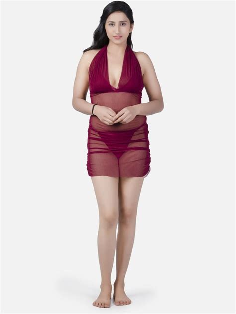 Sheer Net Hot Wine Babydoll Bikini Night Dress For Honeymoon K12w At Rs