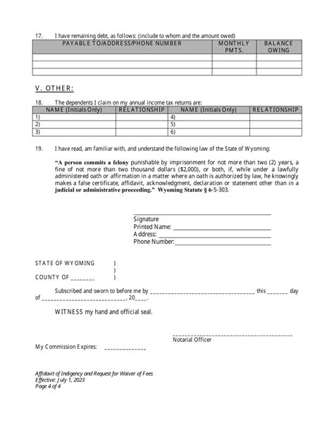 Wyoming Affidavit Of Indigency And Request For Waiver Of Filing Fees