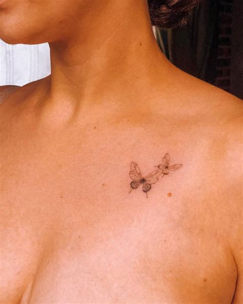 Single Needle Butterfly Couple Tattoo On The Chest