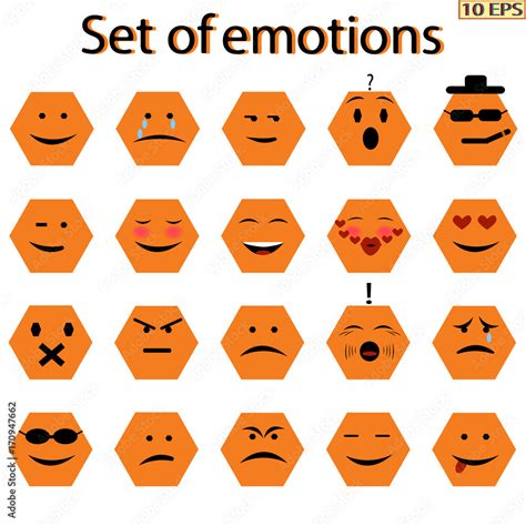 Set of emotions. Round yellow faces. Set of orange face with emotions ...