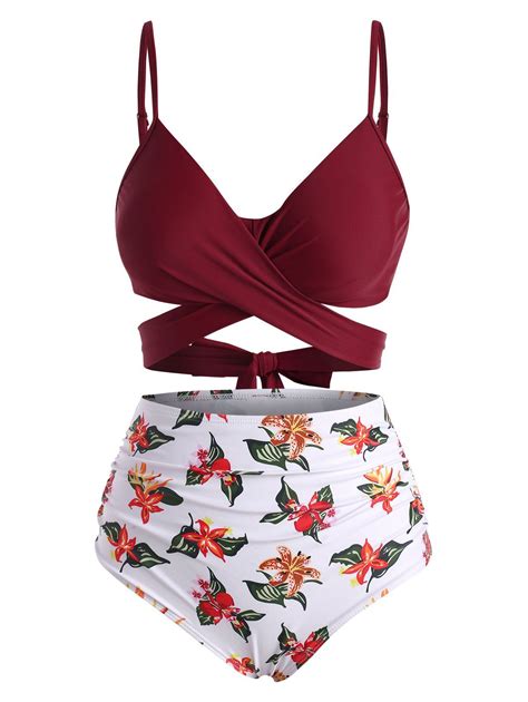 [30 Off] 2021 Flower Printed Criss Cross Tummy Control Bikini Swimwear