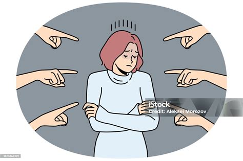 Unhappy Woman Surrounded With Numerous Hands Pointing Stock