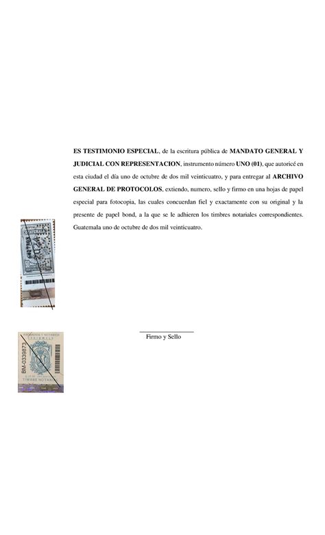 Testimonio Especial de un Mandato General con Representación - ES