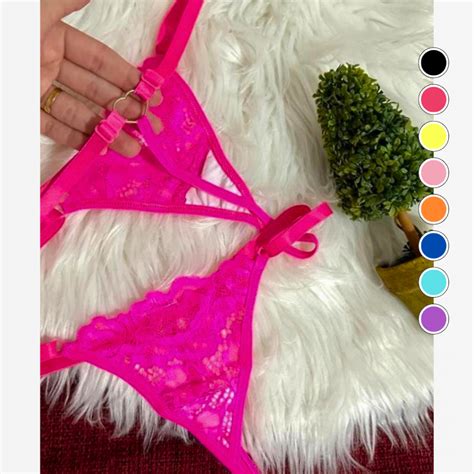 Kit 5 Tangas Coração Rendada Lingerie Sexy Sensual Pingente Fio