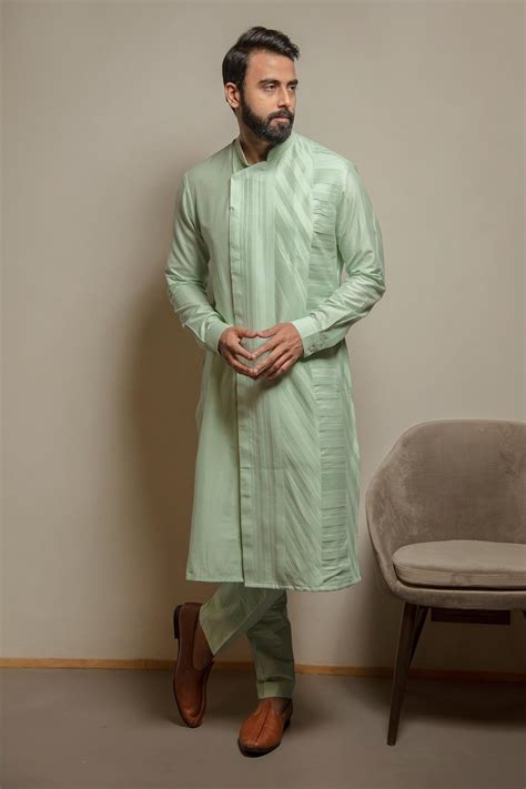 Buy Blue Cotton Silk Plain Asymmetric Pintuck Kurta Set For Men By