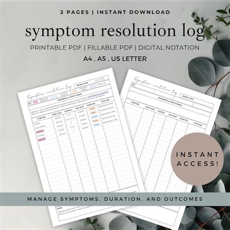 Printable And Fillable Symptom Resolution Log To Track Treatments