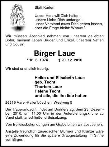 Traueranzeigen Von Birger Laue Nordwest Trauer De