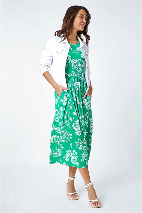 Green Floral Print Midi Stretch Dress Roman Uk