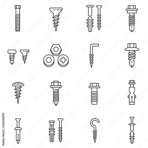 Fastener Icons Set Bolts Nuts And Screws Thin Line Design Building