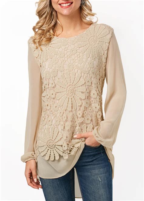 Lace Panel Asymmetric Hem Beige Blouse Beige Blouse Womens Trendy