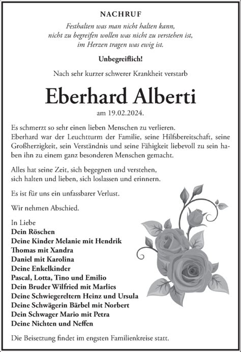 Traueranzeigen von Eberhard Alberti Märkische Onlinezeitung Trauerportal