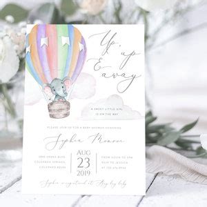 Editable Elephant Hot Air Balloon Baby Shower Invitation Template Up Up