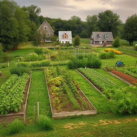 Premium Ai Image A Farm With A House In The Background And A Garden