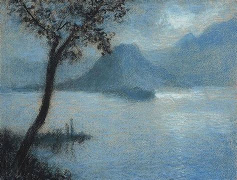 A Drawing Of A Tree On The Water With Mountains In The Back Ground And