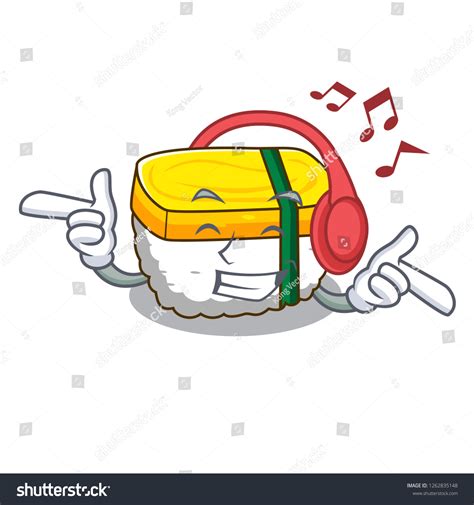 Listening Music Tamago Sushi Shape Cartoon Stock Vector Royalty Free