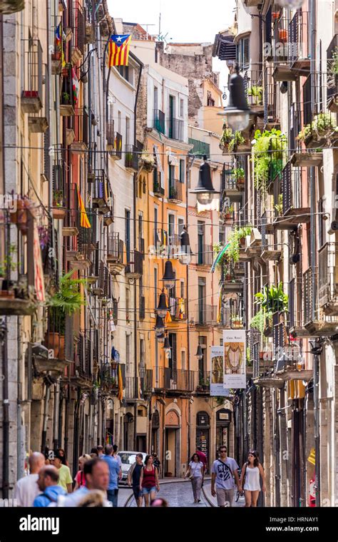 Narrow Balcony Filled Street Barri Vell Old Quarter Girona Spain