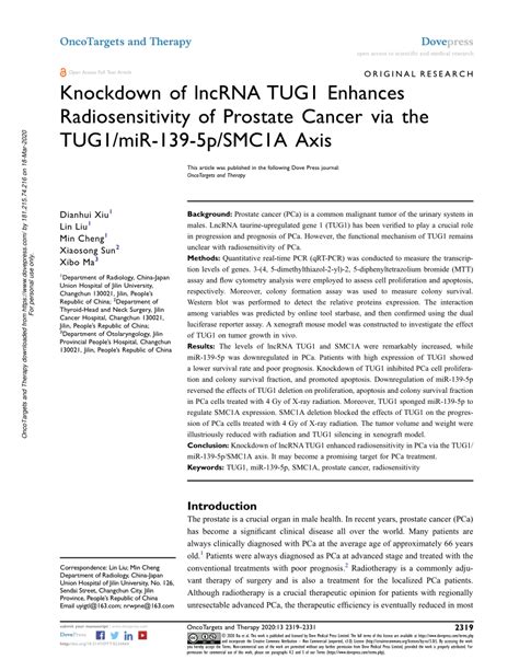 Pdf Knockdown Of Lncrna Tug1 Enhances Radiosensitivity Of Prostate Cancer Via The Tug1 Mir 139