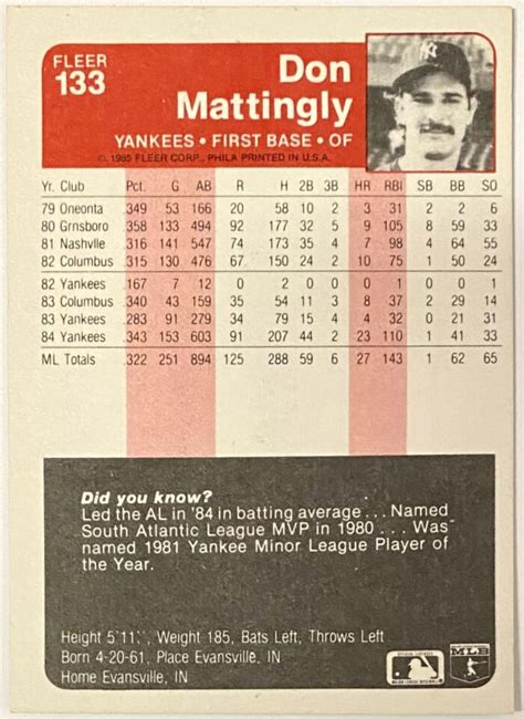 Don Mattingly 1985 Fleer New York Yankees Baseball Card KBK Sports