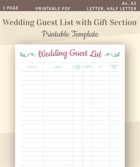 Wedding Guest List Printable Wedding Template Guest List | Etsy Israel