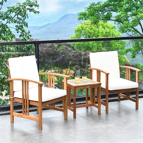 [open Box] Tangkula 3 Piece Outdoor Acacia Wood Patio Furniture Set With Cushioned Chairs White