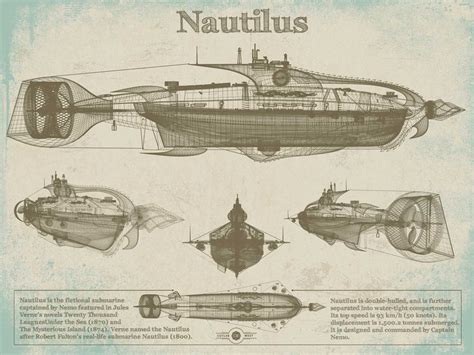 20,000 Leagues Under the Sea Nautilus Submarine Jules Vernon Blueprint ...