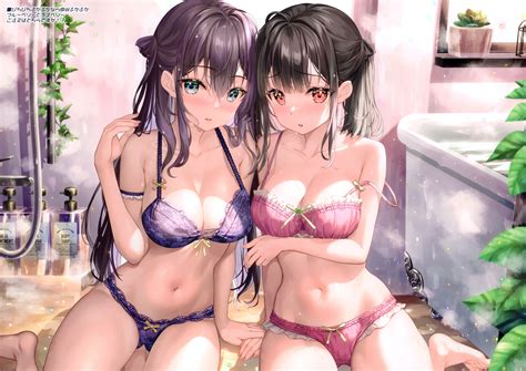 Girls Bath Bathtub Black Hair Blush Bra Breast Hold Breasts Cleavage