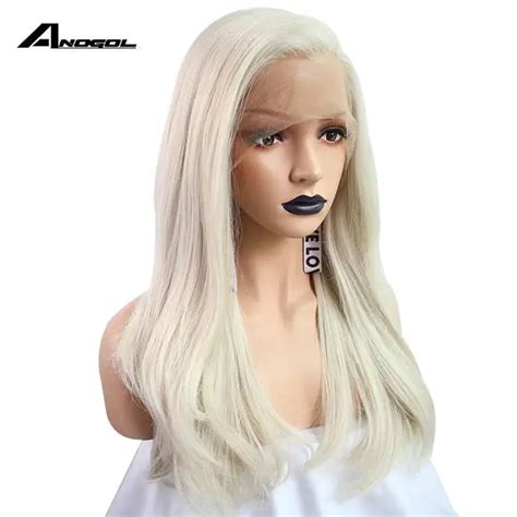 Anogol Long Natural Straight White Blonde Hair Wigs High Temperature