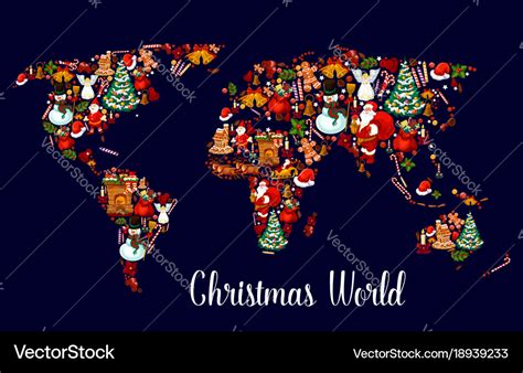 Christmas world map with new year holiday symbols Vector Image