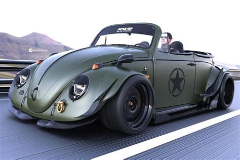 THIS LOW-SLUNG VOLKSWAGEN BEETLE ROADSTER IS AN ARMY-GREEN, STREET DRAG ...