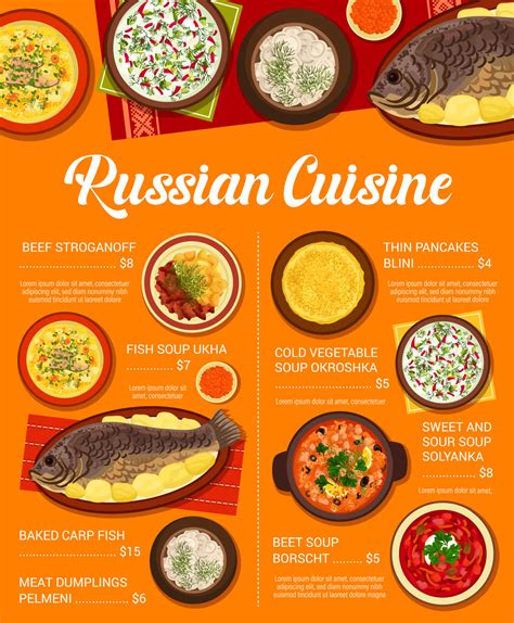 Russian cuisine menu, traditional dishes and meals 11862375 Vector Art