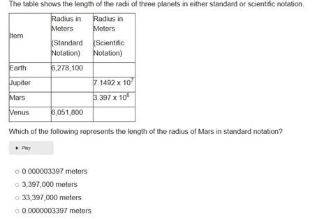 Solved The Table Shows The Length Of The Radii Of Three Planets In Either Standard Or