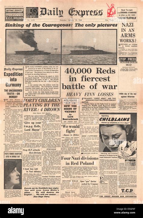 1940 Daily Express Front Page Reporting The Sinking Of British Aircraft