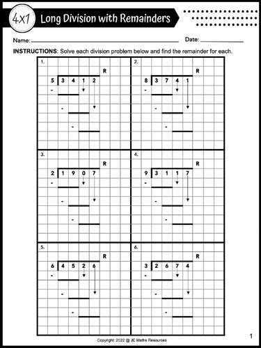 4 Digit By 1 Digit Long Division Worksheets With And Without Remainders