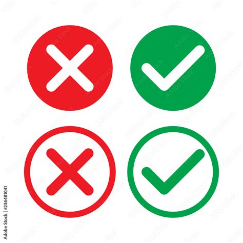 Set of check mark icons. rounded green tick and red cross in circle. Flat cartoon style buttons ...