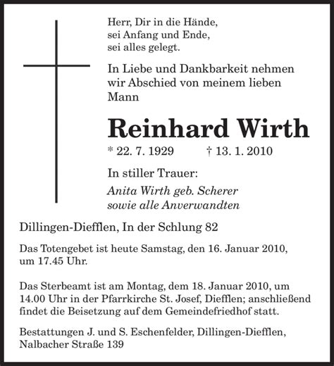 Traueranzeigen Von Reinhard Reinhard Wirth Saarbruecker Zeitung Trauer De