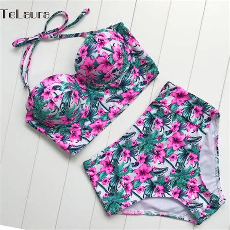 FREE SHIPPING Sexy Floral Print High Waist Push Up Bikini Set JKP1775