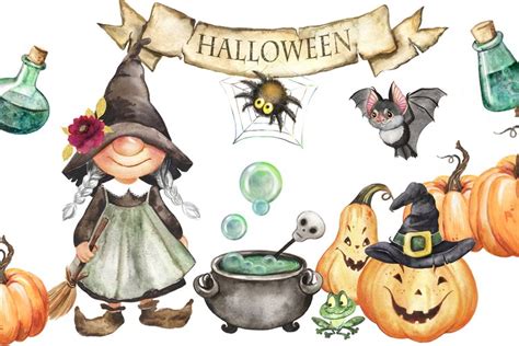 Halloween Watercolor Clipart Witch Bat Funny Halloween