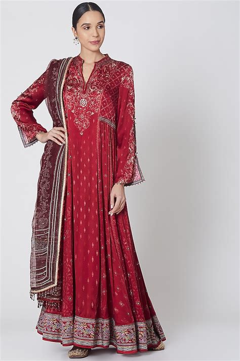 Maroon Printed Anarkali Set Design By Tarun Tahiliani At Pernias Pop