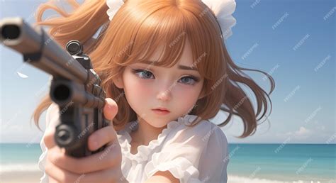 Premium Ai Image Ai Generated 3d Anime Girl In Brown Hair And White Dress Aiming A Gun In Sadness