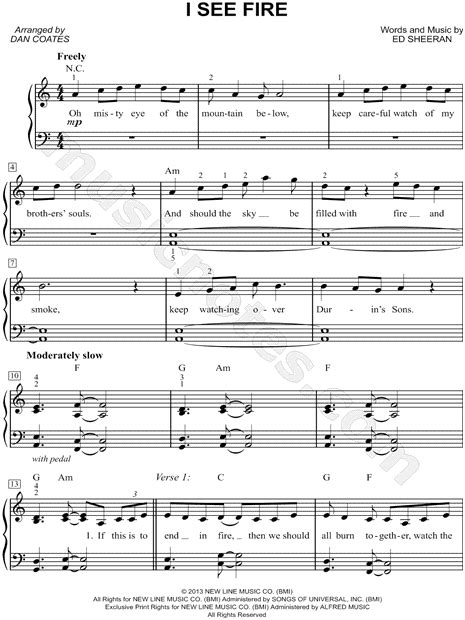 Ed Sheeran I See Fire Sheet Music Easy Piano In A Minor Transposable Download And Print