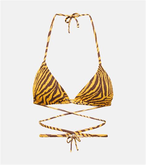 Reina Olga Miami Tiger Print Triangle Bikini Top In Tiger Seersucker